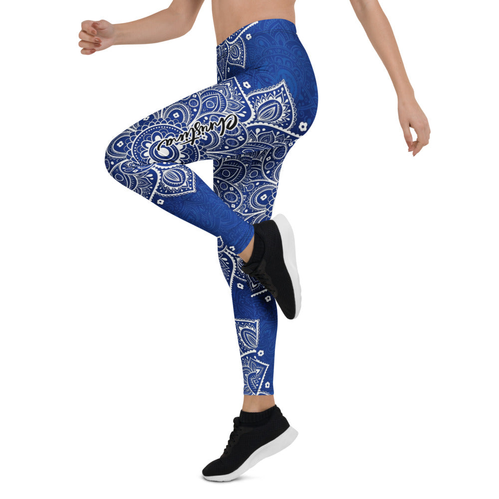 Personalisierte Damen Sportleggings Blau Weiß Mandala Muster Yoga Fitness Leggings P656