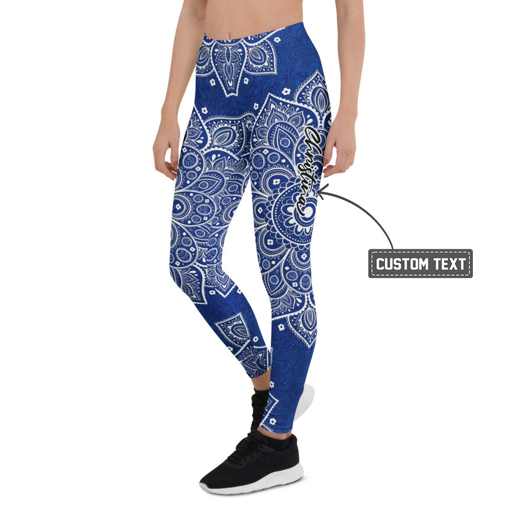 Personalisierte Damen Sportleggings Blau Weiß Mandala Muster Yoga Fitness Leggings P656 - XL
