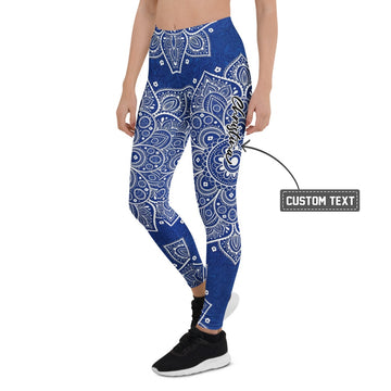 Personalisierte Damen Sportleggings Blau Weiß Mandala Muster Yoga Fitness Leggings P656 - XL