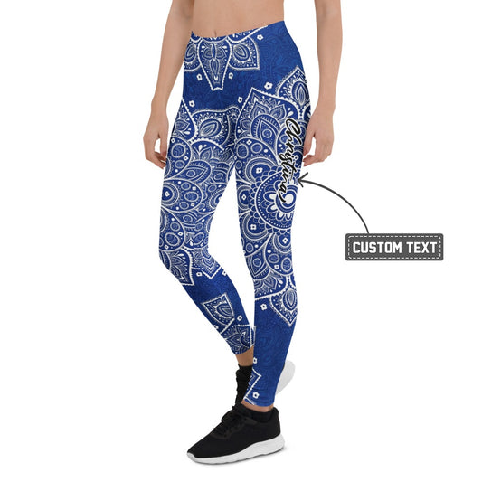 Personalisierte Damen Sportleggings Blau Weiß Mandala Muster Yoga Fitness Leggings P656 - XL