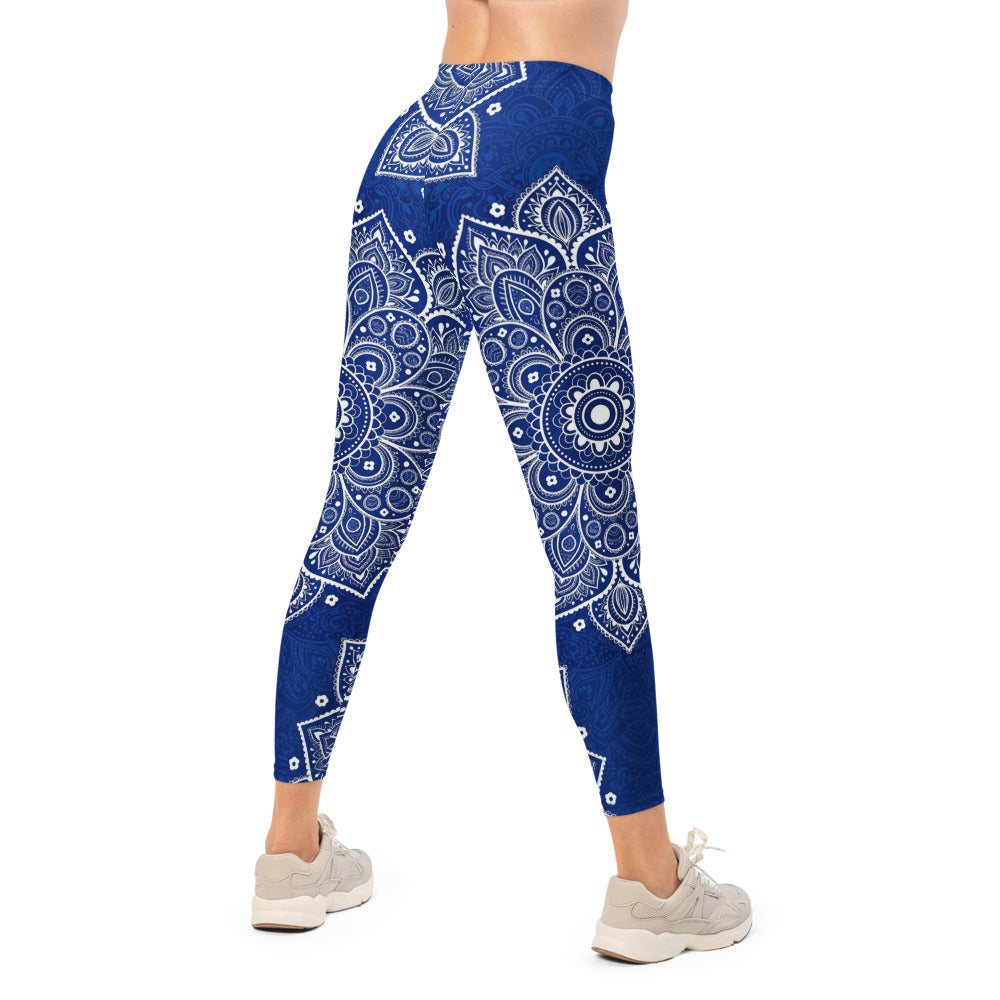 Personalisierte Damen Sportleggings Blau Weiß Mandala Muster Yoga Fitness Leggings P656