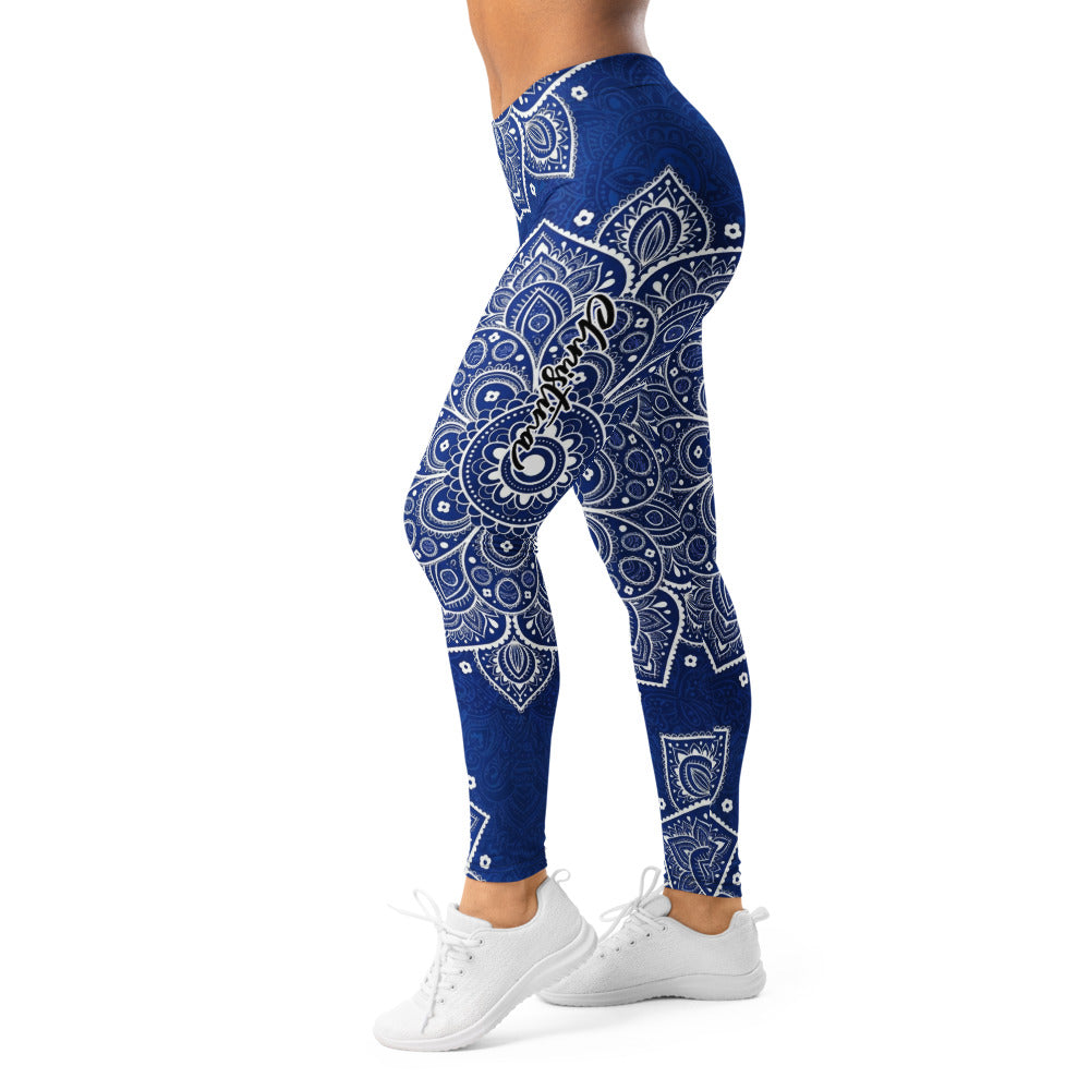 Personalisierte Damen Sportleggings Blau Weiß Mandala Muster Yoga Fitness Leggings P656