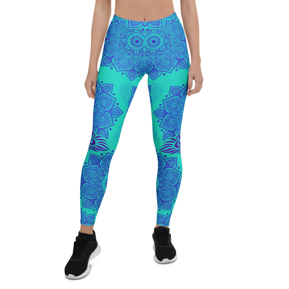 Personalisierte Yoga Leggings Damen Mandala Design Türkis Blau Fitness Sportleggings L720