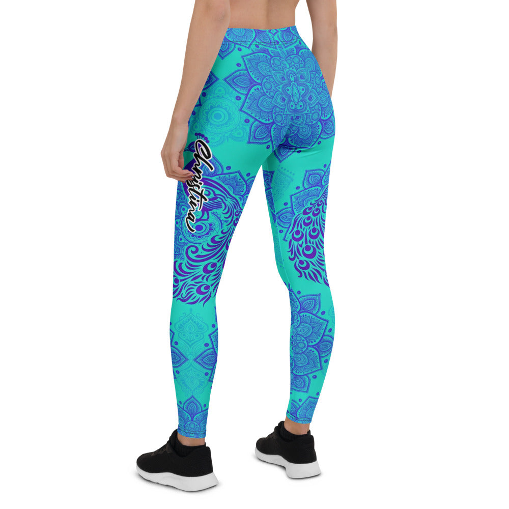 Personalisierte Yoga Leggings Damen Mandala Design Türkis Blau Fitness Sportleggings L720