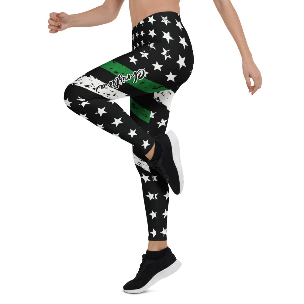 Personalisierte Damen Sportleggings Schwarz Grün Weiß Sternenmuster Fitness Leggings Yoga Hose mit Streifen im Grunge-Look N298