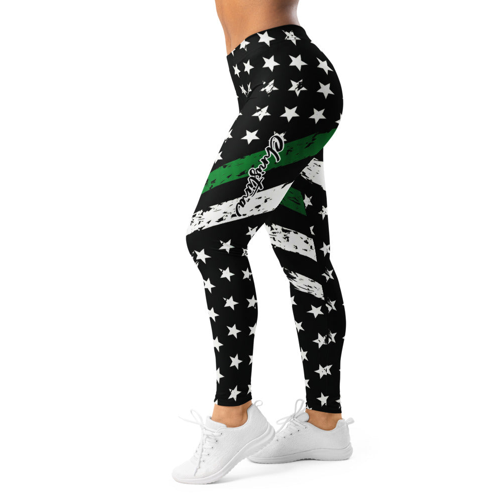 Personalisierte Damen Sportleggings Schwarz Grün Weiß Sternenmuster Fitness Leggings Yoga Hose mit Streifen im Grunge-Look N298
