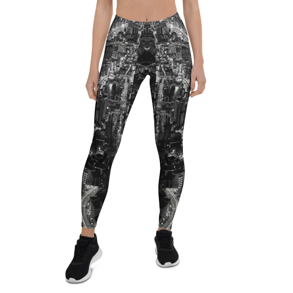 Personalisierte Sportleggings Damen Skyline Design Schwarz Weiß Fitness Leggings Urban Stadtansicht U752