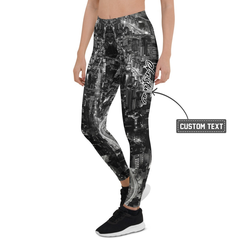 Personalisierte Sportleggings Damen Skyline Design Schwarz Weiß Fitness Leggings Urban Stadtansicht U752 - XL