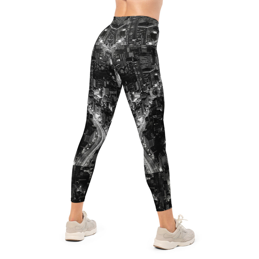 Personalisierte Sportleggings Damen Skyline Design Schwarz Weiß Fitness Leggings Urban Stadtansicht U752