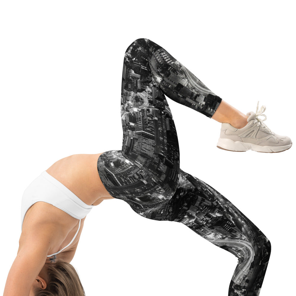 Personalisierte Sportleggings Damen Skyline Design Schwarz Weiß Fitness Leggings Urban Stadtansicht U752