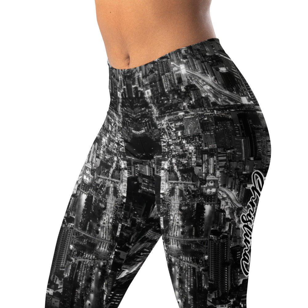 Personalisierte Sportleggings Damen Skyline Design Schwarz Weiß Fitness Leggings Urban Stadtansicht U752