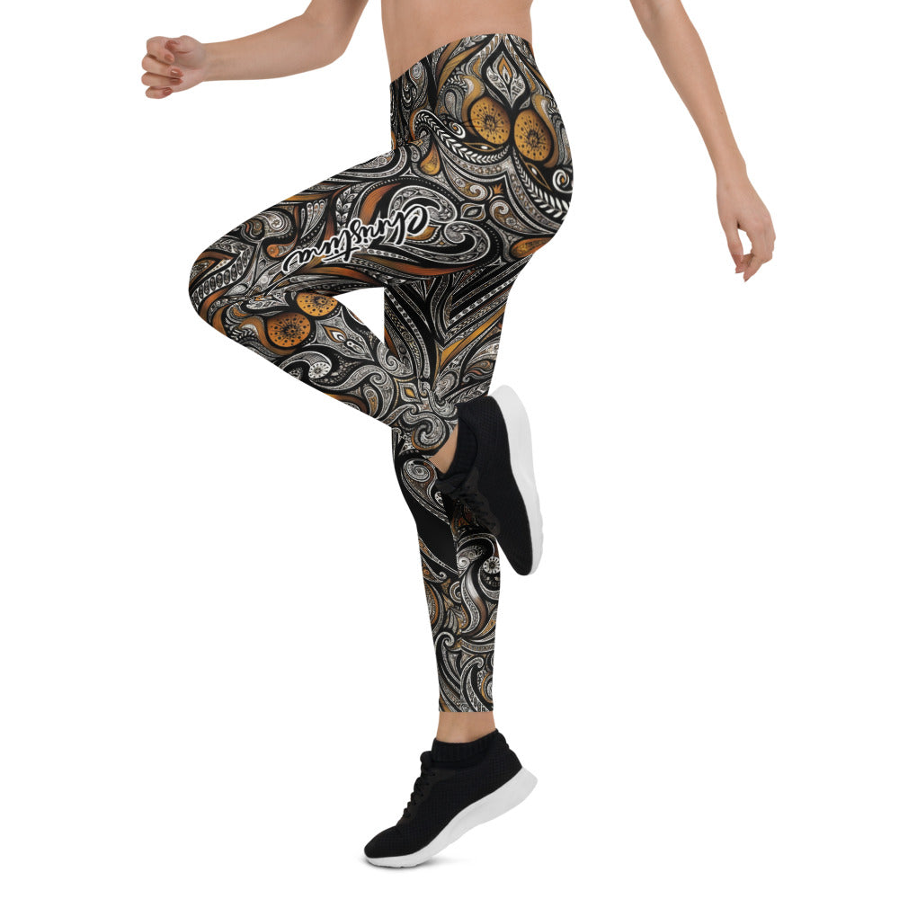 Personalisierte Damen Sportleggings Paisley Design Schwarz Gold Fitness Leggings Ornamente Y030