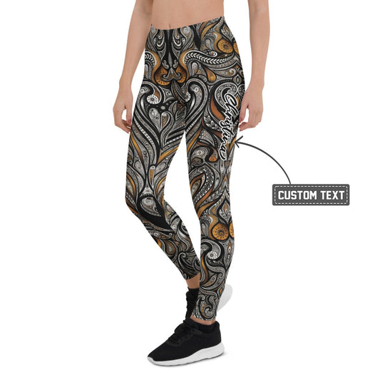 Personalisierte Damen Sportleggings Paisley Design Schwarz Gold Fitness Leggings Ornamente Y030 - XL