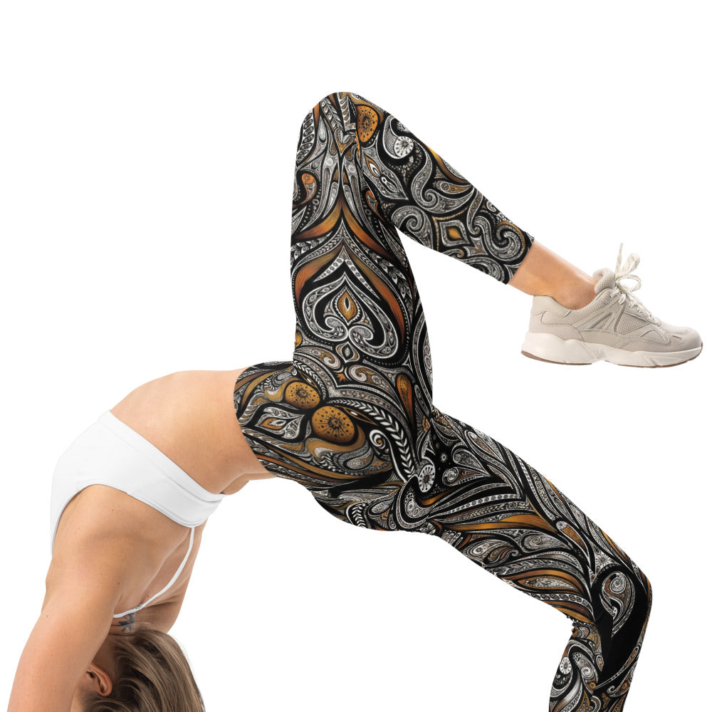 Personalisierte Damen Sportleggings Paisley Design Schwarz Gold Fitness Leggings Ornamente Y030