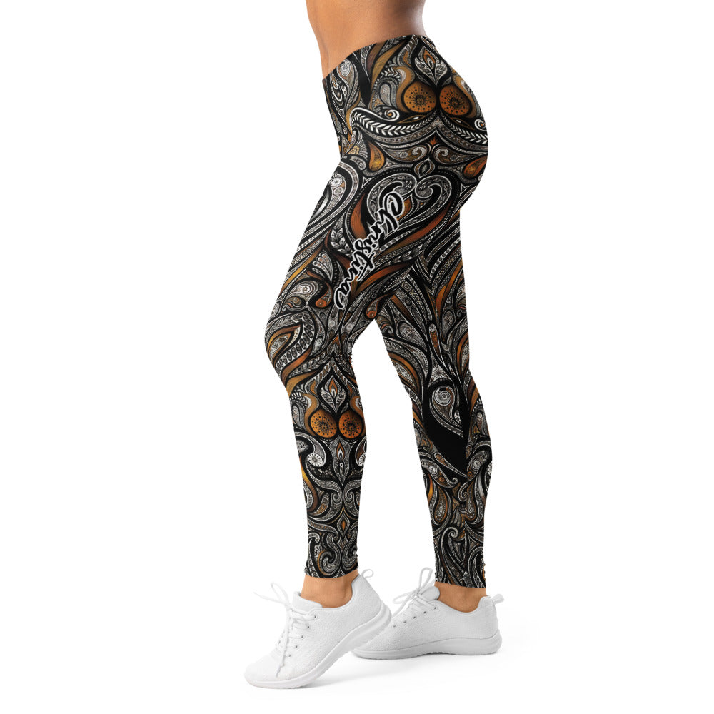 Personalisierte Damen Sportleggings Paisley Design Schwarz Gold Fitness Leggings Ornamente Y030