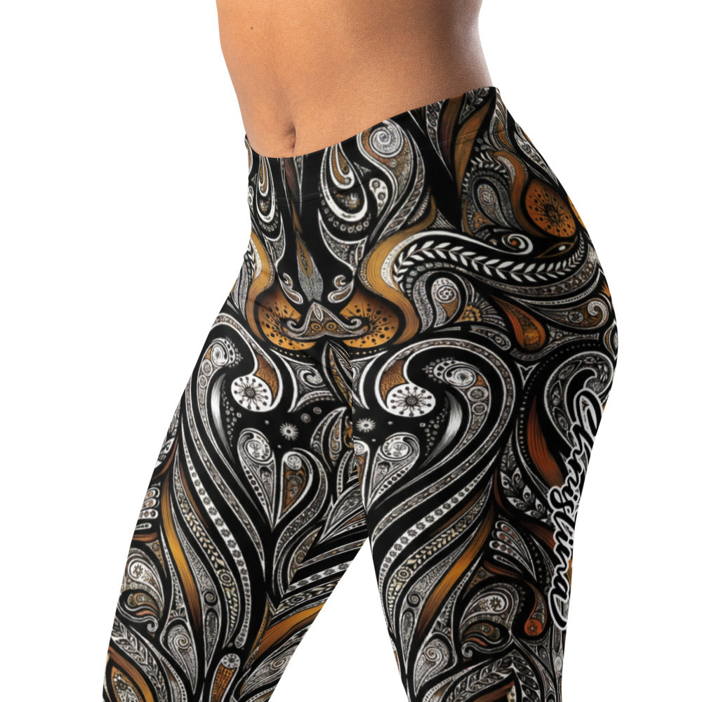 Personalisierte Damen Sportleggings Paisley Design Schwarz Gold Fitness Leggings Ornamente Y030