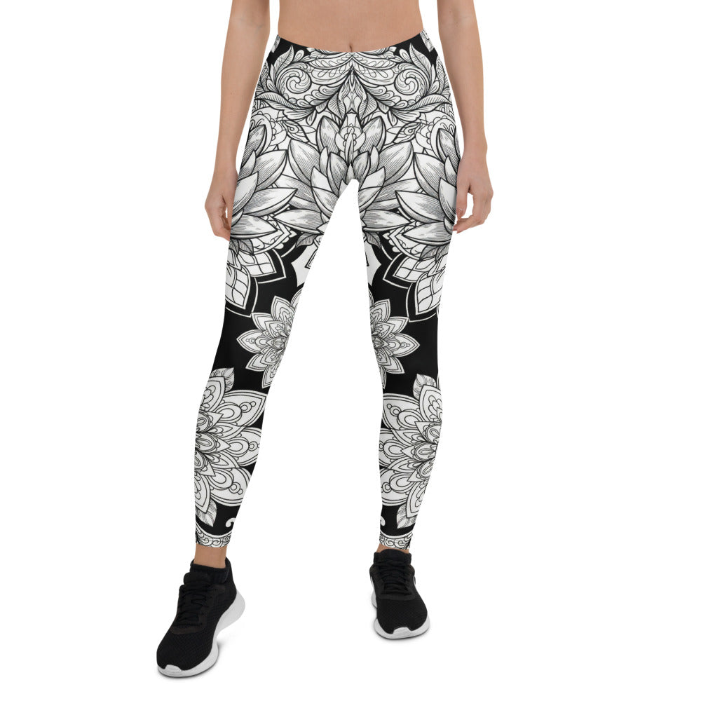 Personalisierte Damen Sportleggings Mandala Muster Schwarz Weiß Yoga Fitness Leggings Z813