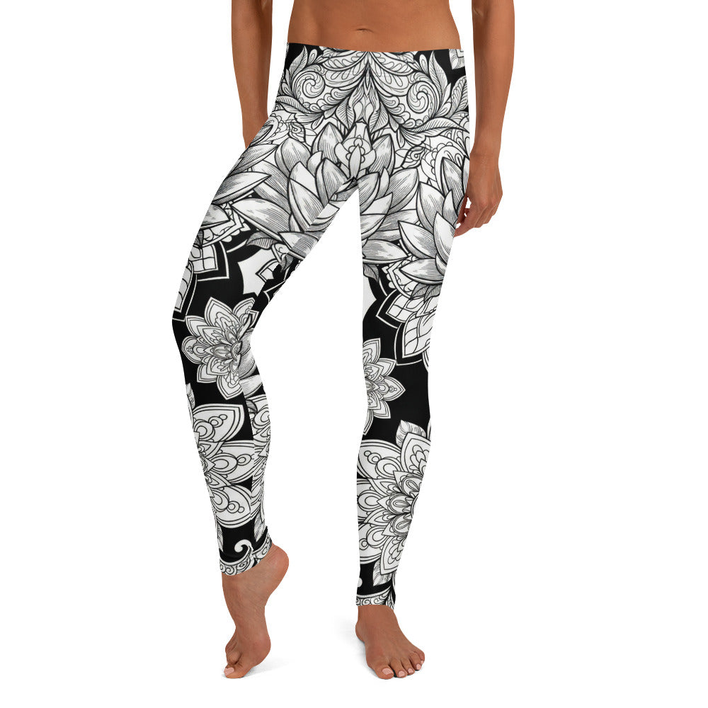 Personalisierte Damen Sportleggings Mandala Muster Schwarz Weiß Yoga Fitness Leggings Z813