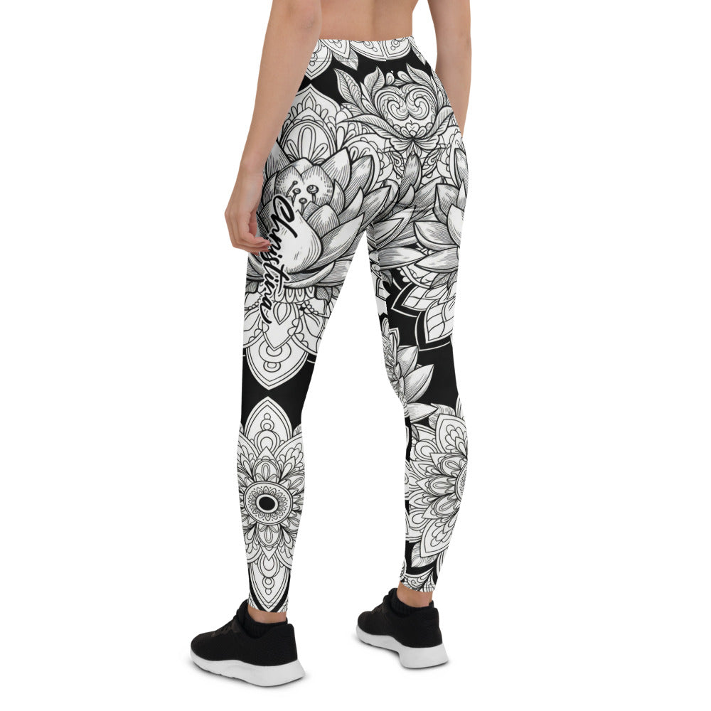 Personalisierte Damen Sportleggings Mandala Muster Schwarz Weiß Yoga Fitness Leggings Z813
