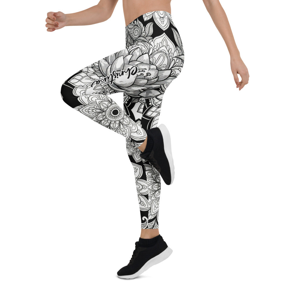 Personalisierte Damen Sportleggings Mandala Muster Schwarz Weiß Yoga Fitness Leggings Z813