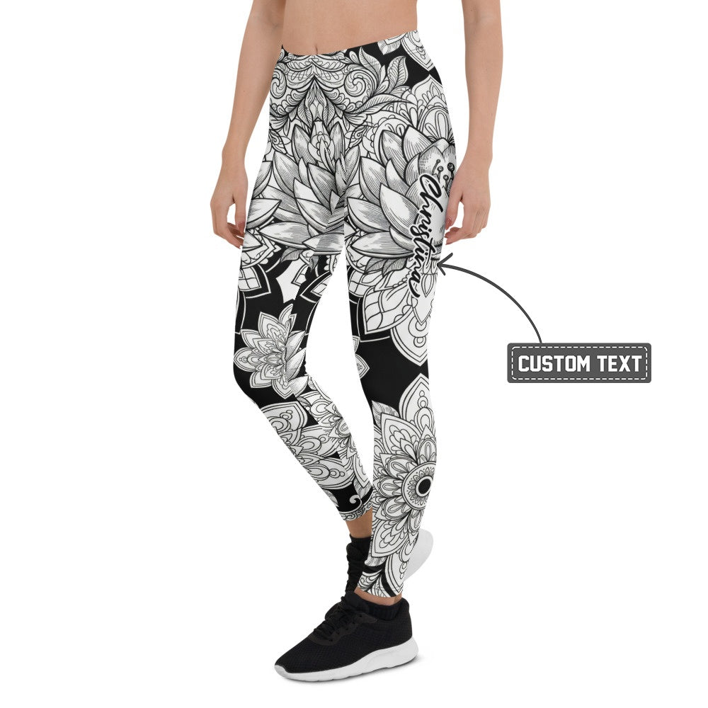 Personalisierte Damen Sportleggings Mandala Muster Schwarz Weiß Yoga Fitness Leggings Z813 - XL