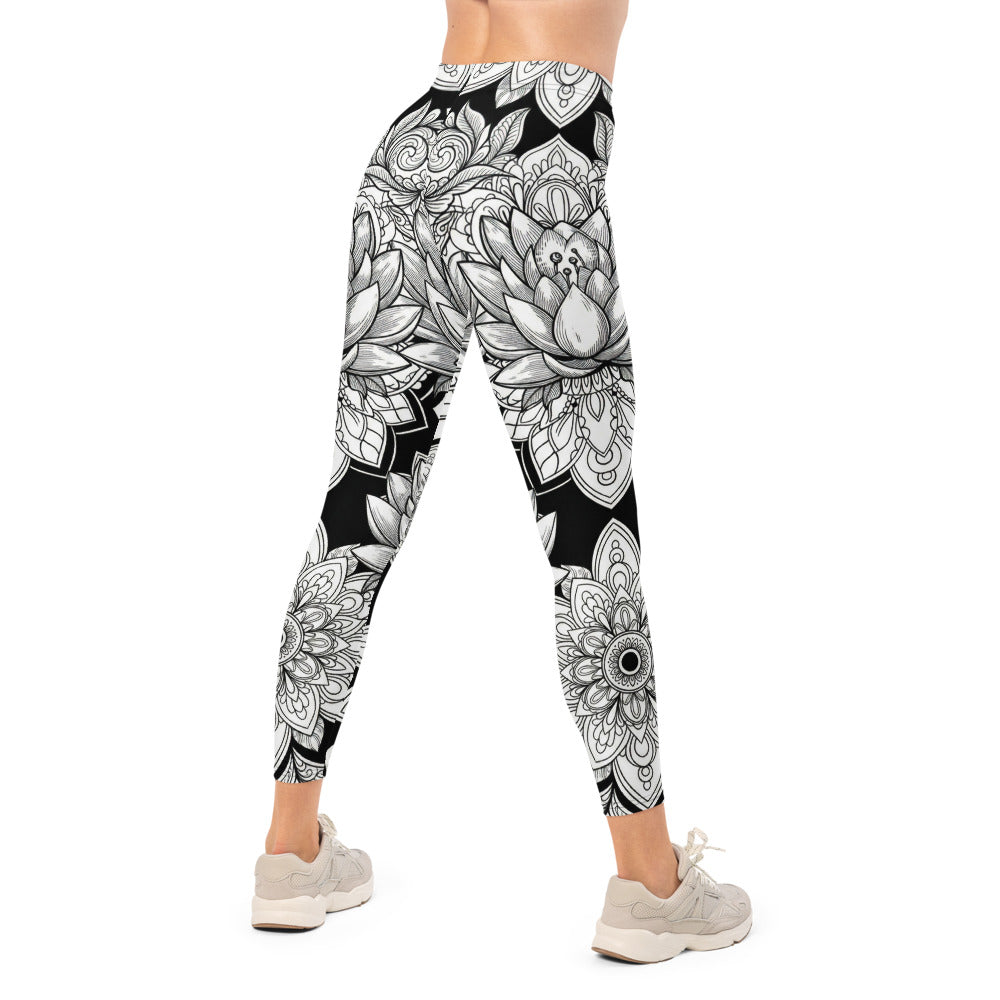 Personalisierte Damen Sportleggings Mandala Muster Schwarz Weiß Yoga Fitness Leggings Z813