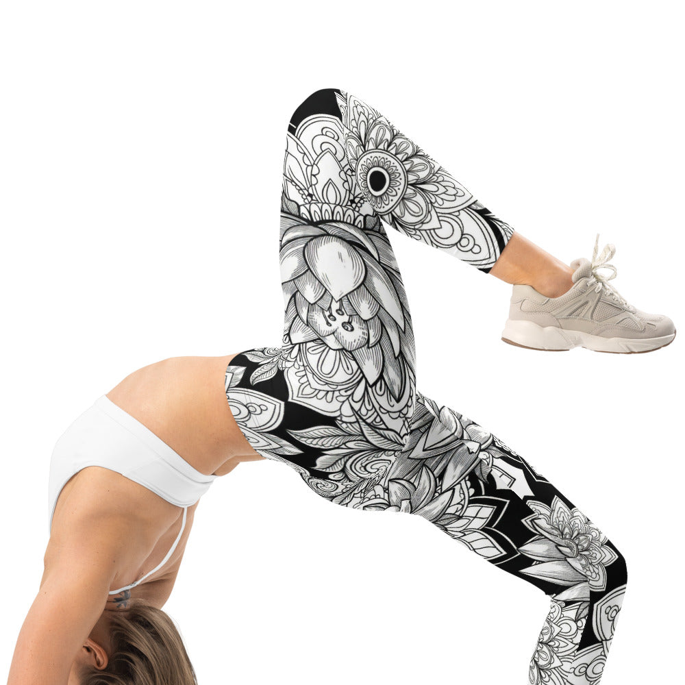 Personalisierte Damen Sportleggings Mandala Muster Schwarz Weiß Yoga Fitness Leggings Z813