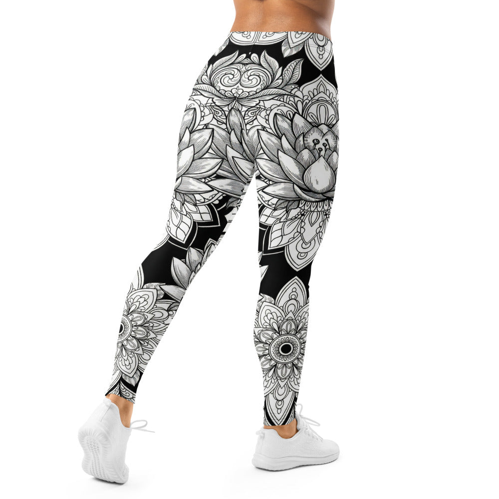 Personalisierte Damen Sportleggings Mandala Muster Schwarz Weiß Yoga Fitness Leggings Z813