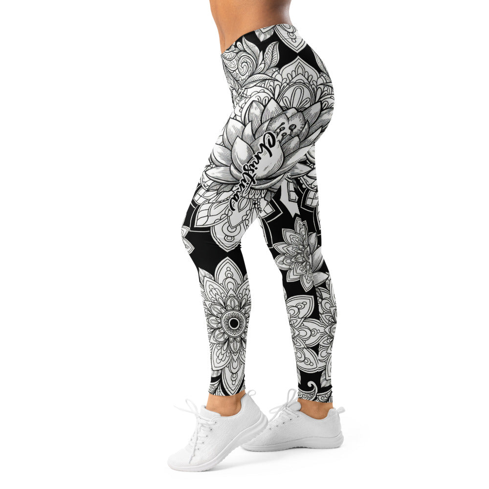 Personalisierte Damen Sportleggings Mandala Muster Schwarz Weiß Yoga Fitness Leggings Z813