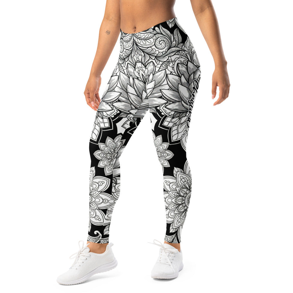 Personalisierte Damen Sportleggings Mandala Muster Schwarz Weiß Yoga Fitness Leggings Z813
