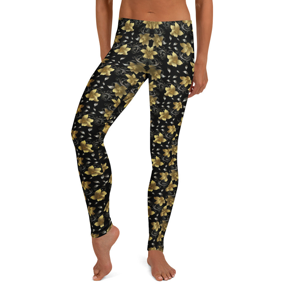 Personalisierte Damen Sportleggings Blumenmuster Gold Schwarz Fitness Yoga Leggings S333