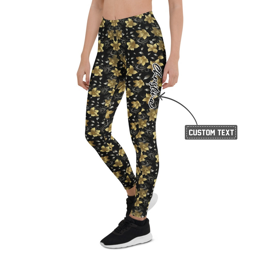 Personalisierte Damen Sportleggings Blumenmuster Gold Schwarz Fitness Yoga Leggings S333 - XL