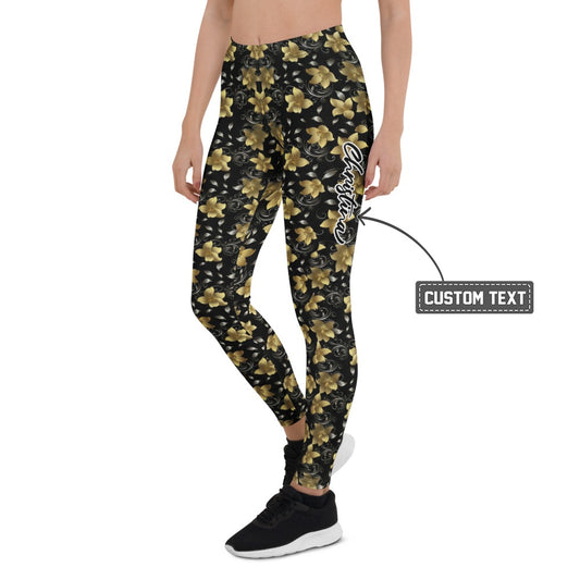Personalisierte Damen Sportleggings Blumenmuster Gold Schwarz Fitness Yoga Leggings S333 - XL