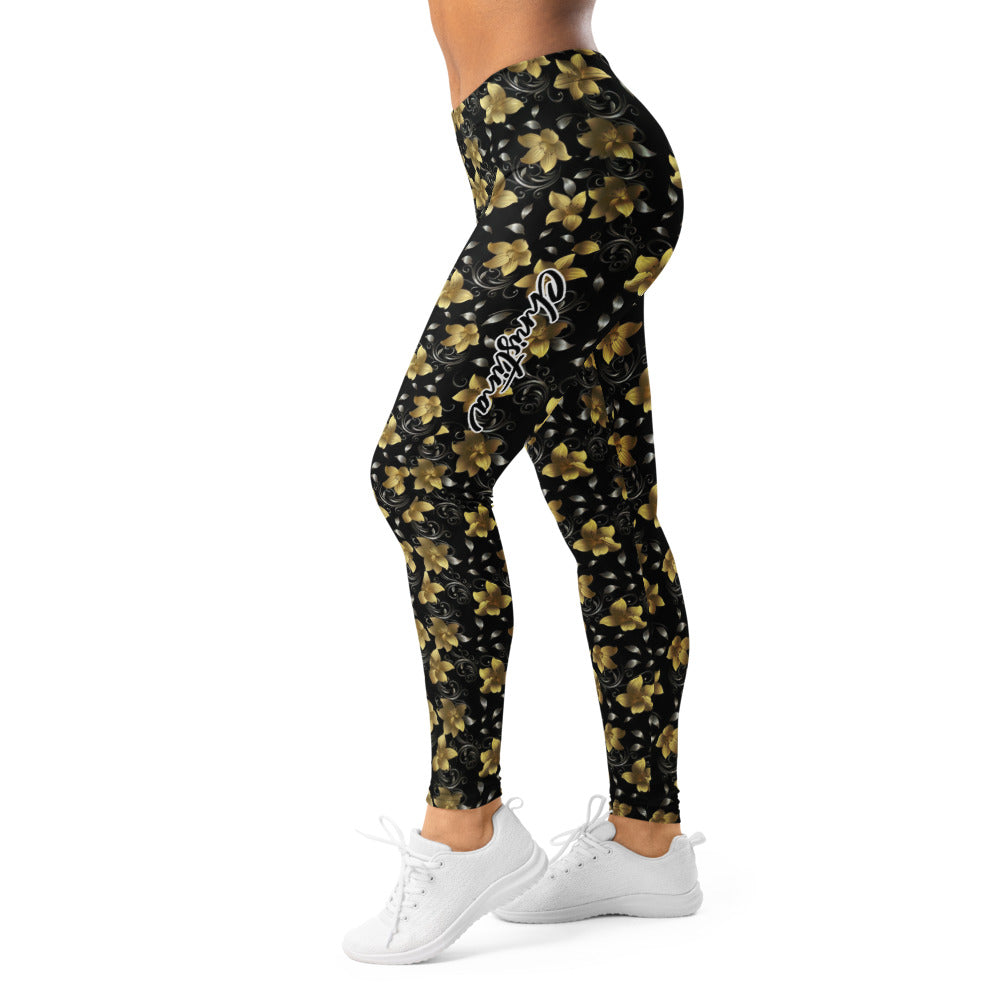 Personalisierte Damen Sportleggings Blumenmuster Gold Schwarz Fitness Yoga Leggings S333