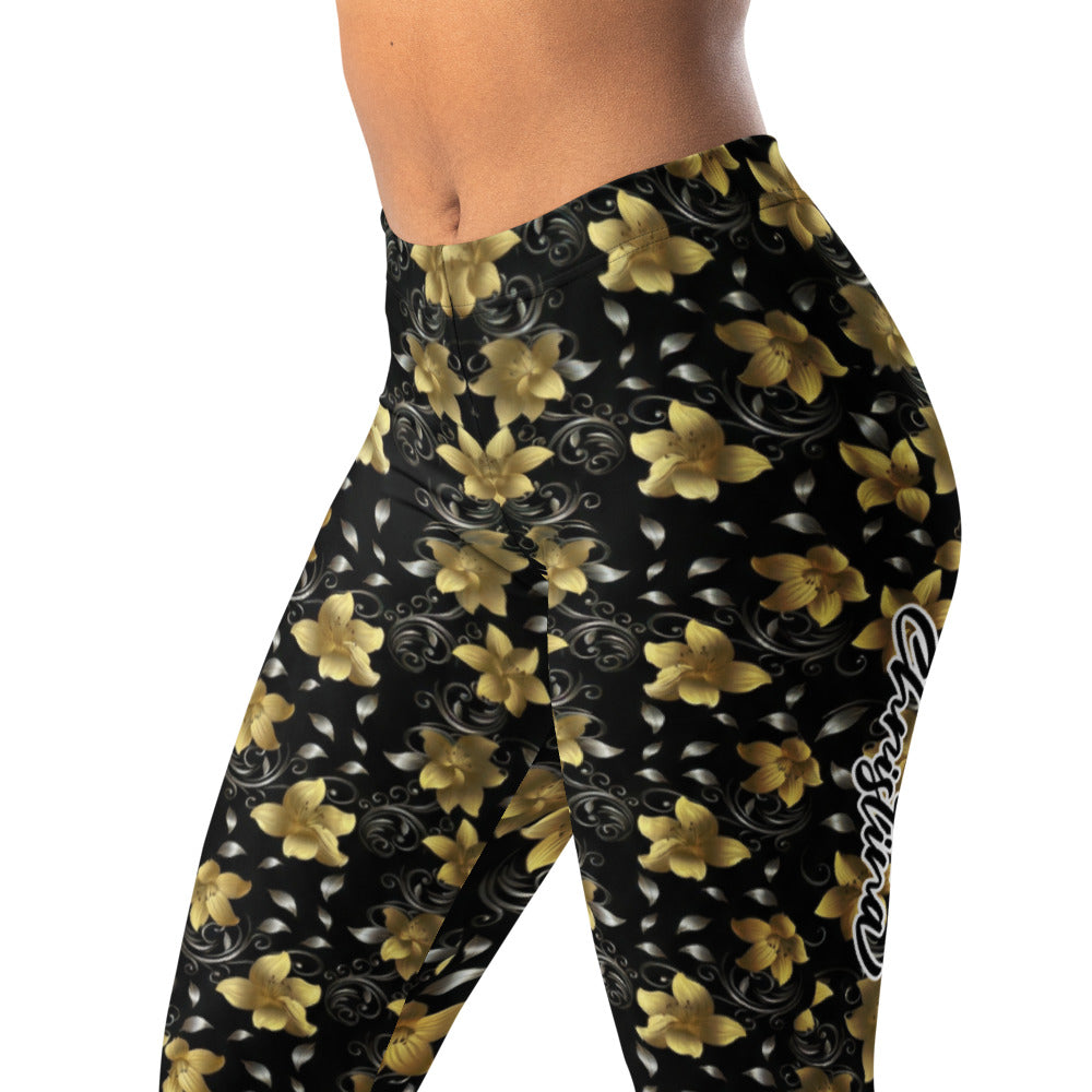 Personalisierte Damen Sportleggings Blumenmuster Gold Schwarz Fitness Yoga Leggings S333