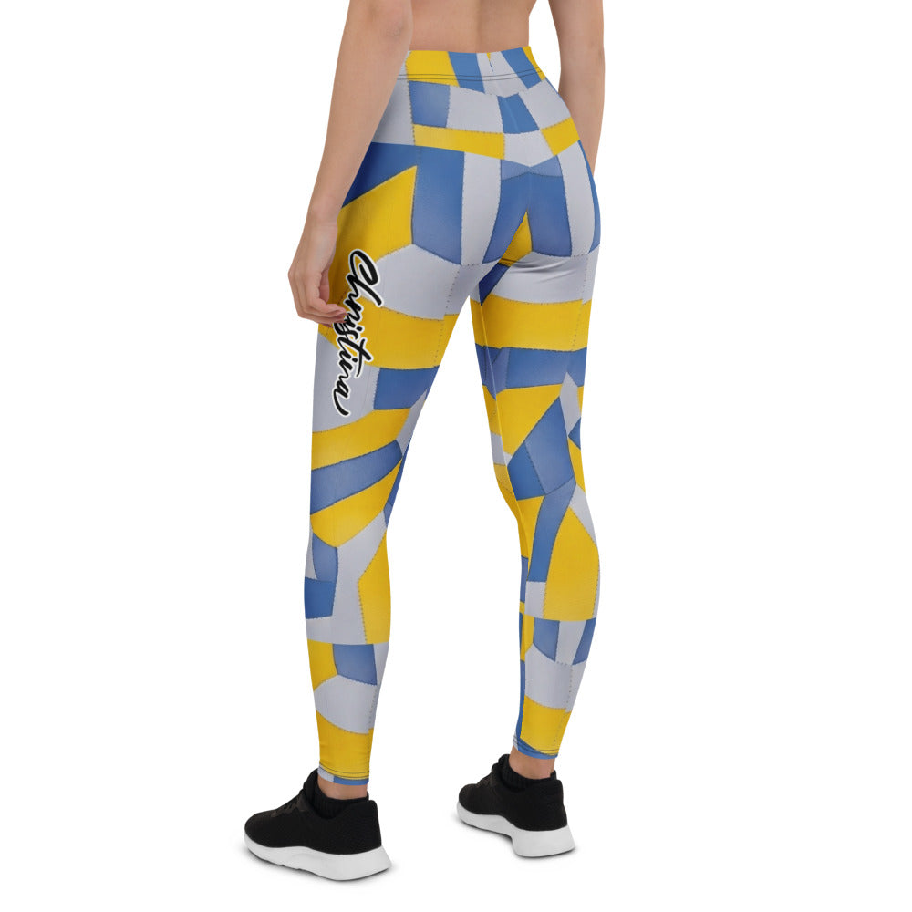 Personalisierte Damen Sportleggings Geometrisches Muster Gelb Blau Fitness Leggings Yoga Hose D893