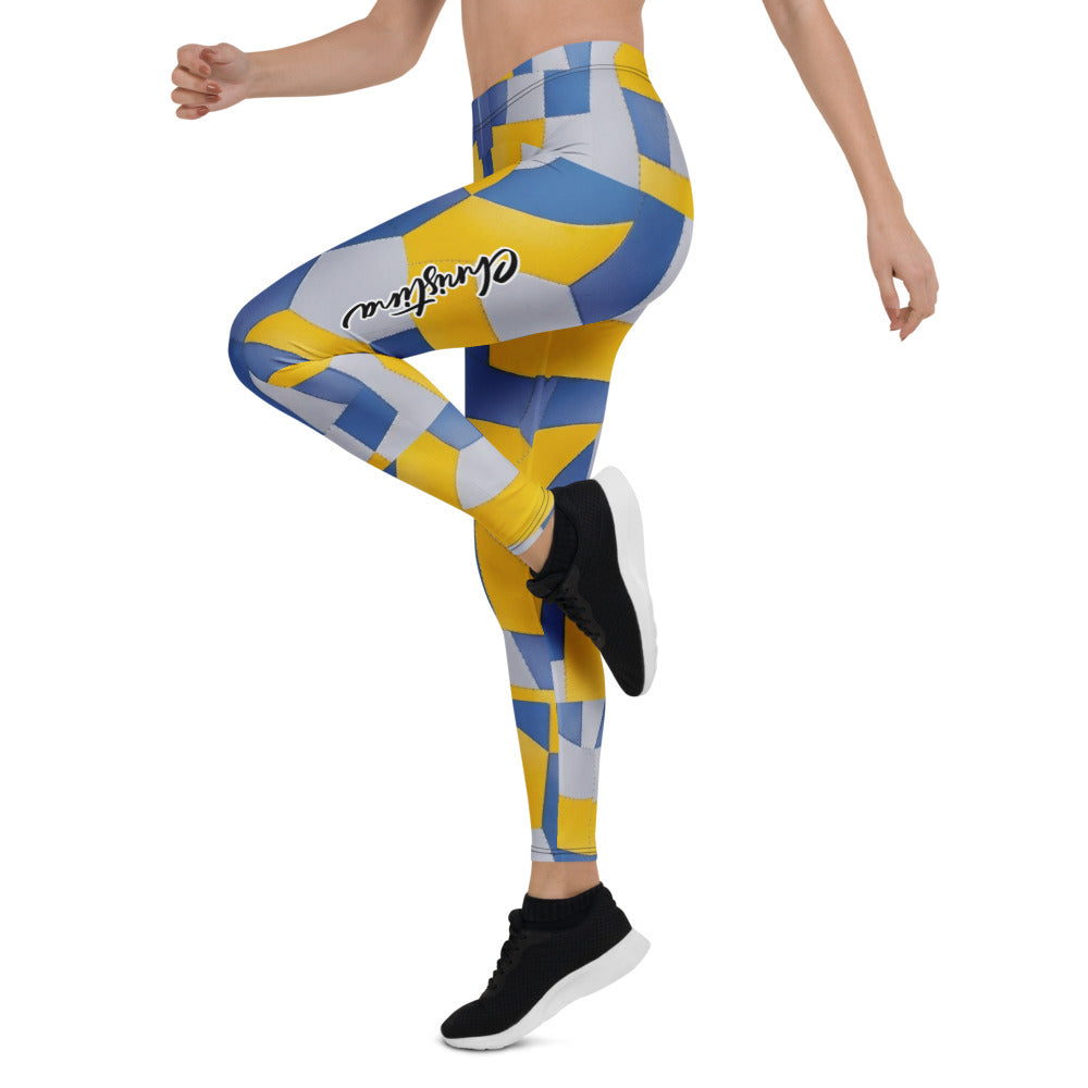Personalisierte Damen Sportleggings Geometrisches Muster Gelb Blau Fitness Leggings Yoga Hose D893