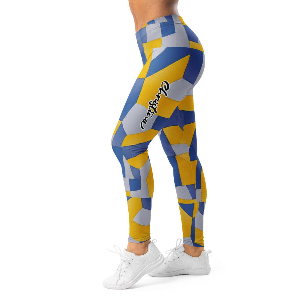 Personalisierte Damen Sportleggings Geometrisches Muster Gelb Blau Fitness Leggings Yoga Hose D893