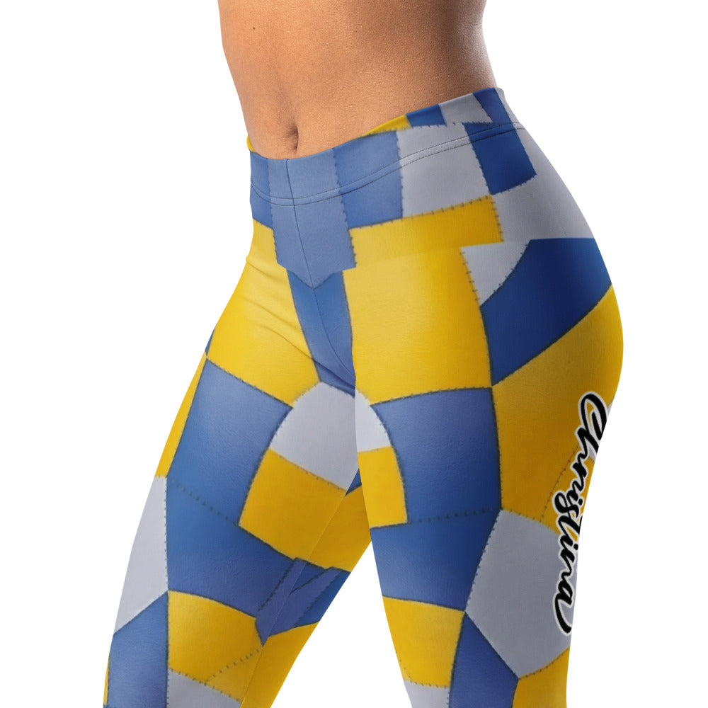 Personalisierte Damen Sportleggings Geometrisches Muster Gelb Blau Fitness Leggings Yoga Hose D893