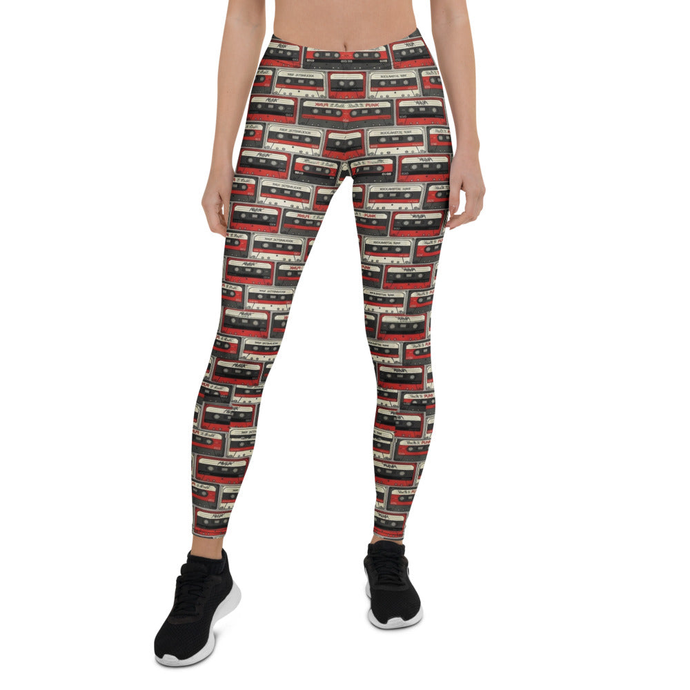 Personalisierte Damen Leggings Retro Kassetten Design Schwarz Rot Fitness Yoga Sportleggings A990