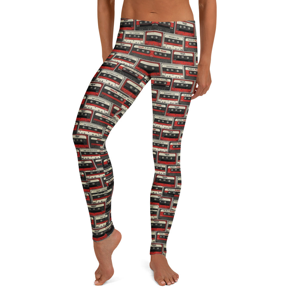 Personalisierte Damen Leggings Retro Kassetten Design Schwarz Rot Fitness Yoga Sportleggings A990