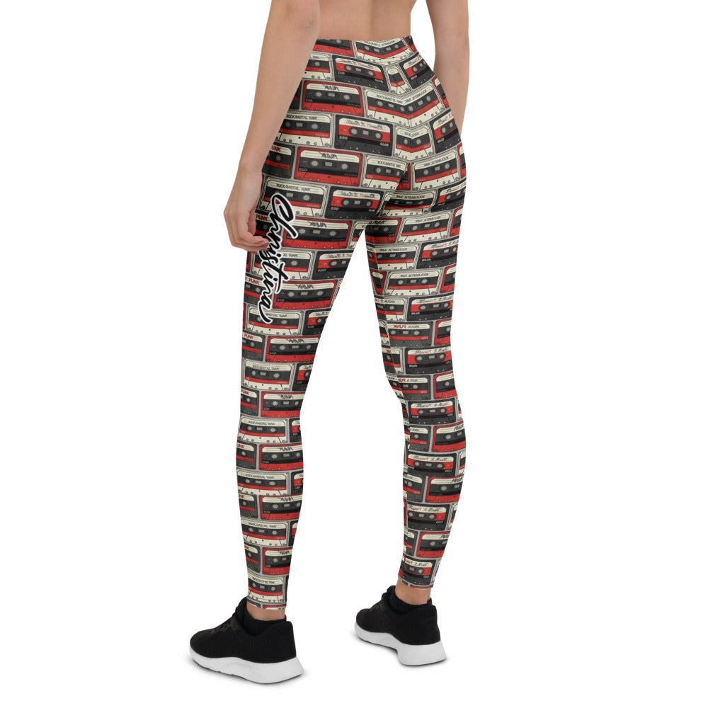 Personalisierte Damen Leggings Retro Kassetten Design Schwarz Rot Fitness Yoga Sportleggings A990