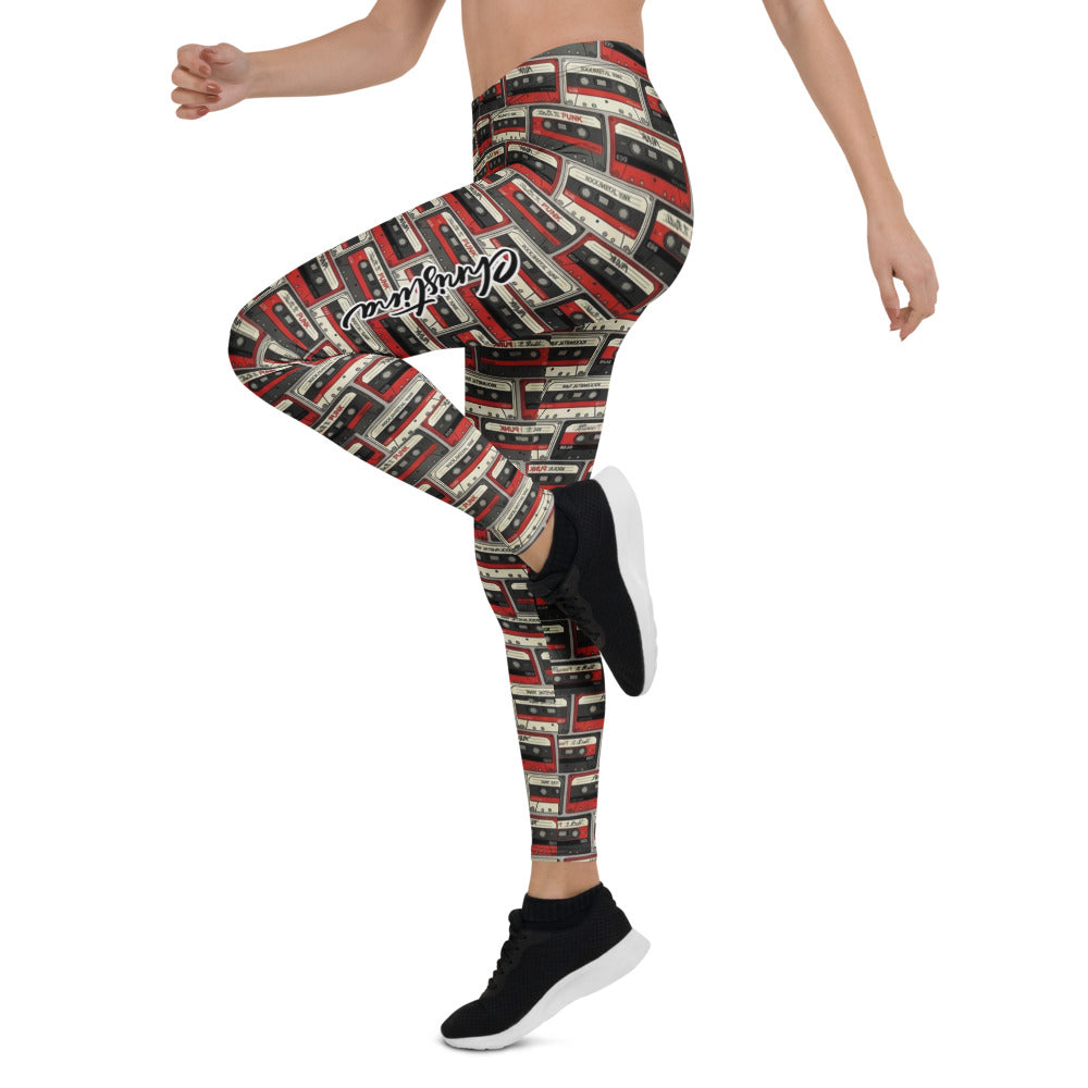 Personalisierte Damen Leggings Retro Kassetten Design Schwarz Rot Fitness Yoga Sportleggings A990