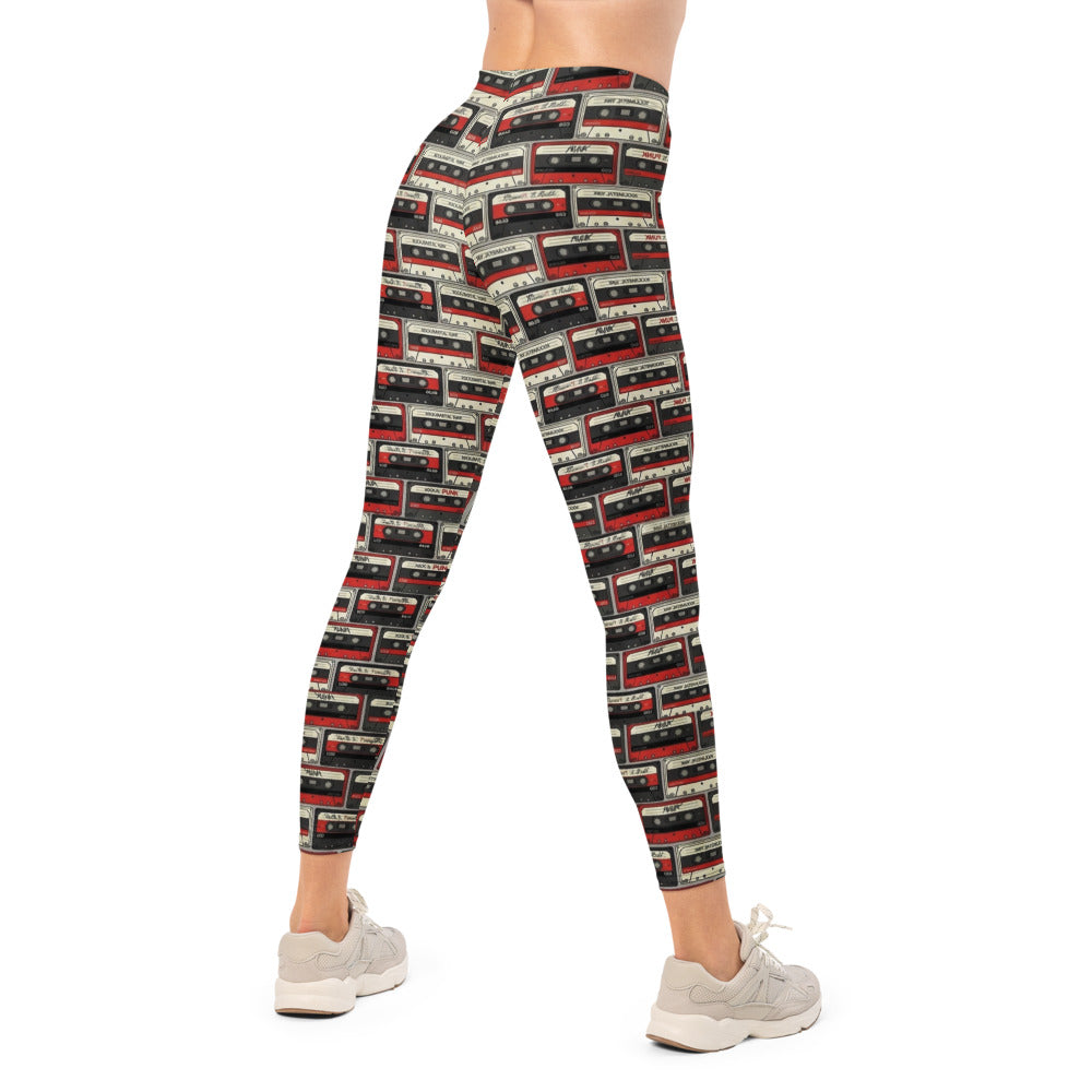 Personalisierte Damen Leggings Retro Kassetten Design Schwarz Rot Fitness Yoga Sportleggings A990