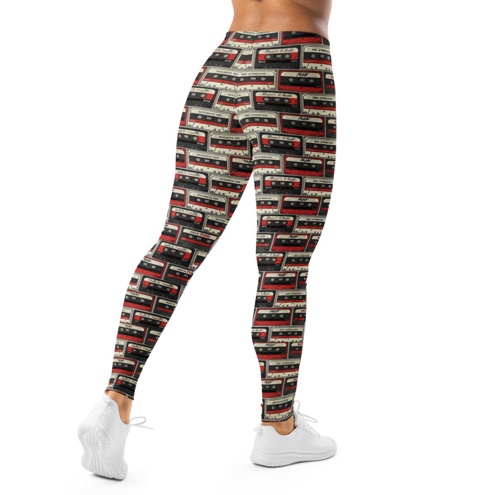 Personalisierte Damen Leggings Retro Kassetten Design Schwarz Rot Fitness Yoga Sportleggings A990