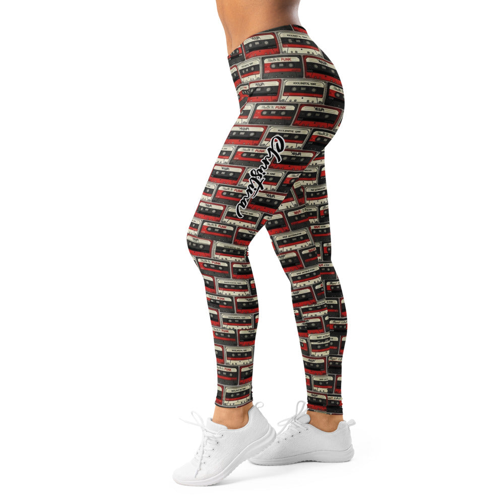 Personalisierte Damen Leggings Retro Kassetten Design Schwarz Rot Fitness Yoga Sportleggings A990