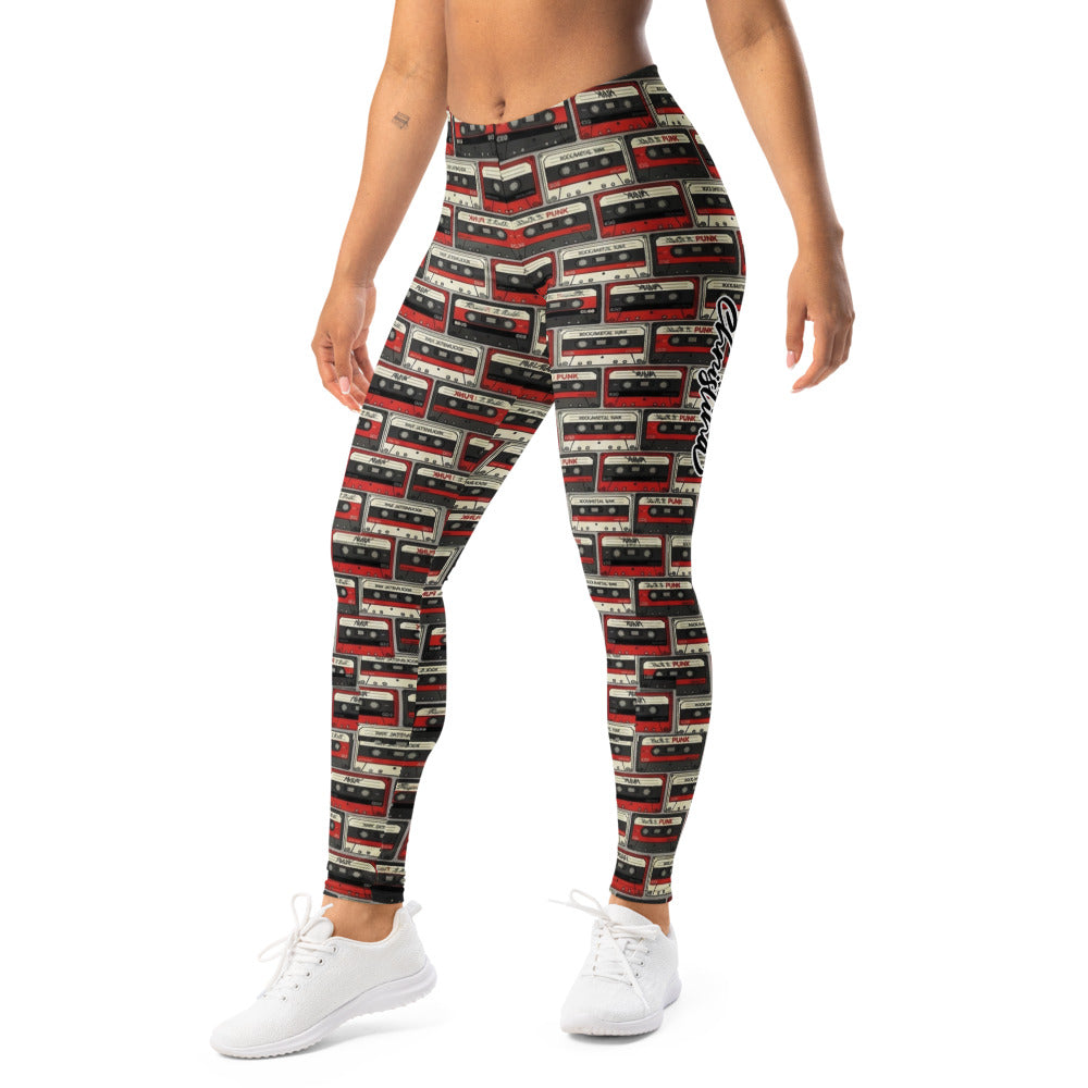 Personalisierte Damen Leggings Retro Kassetten Design Schwarz Rot Fitness Yoga Sportleggings A990