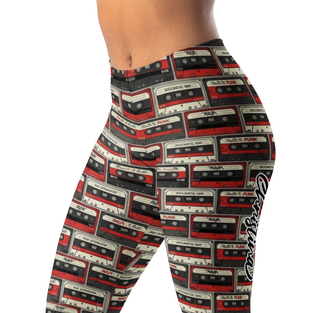 Personalisierte Damen Leggings Retro Kassetten Design Schwarz Rot Fitness Yoga Sportleggings A990