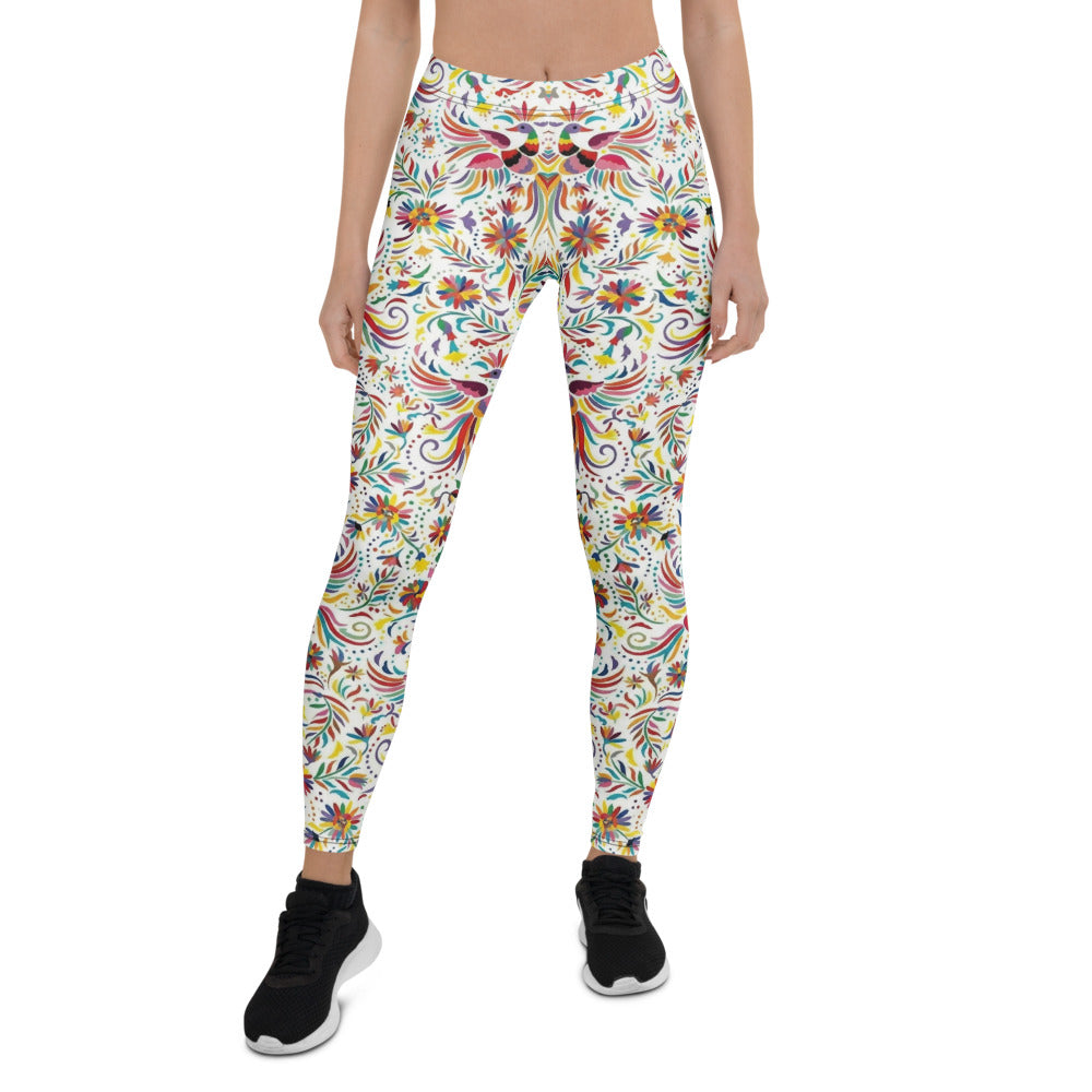 Personalisierte Damen Sportleggings Weiß Bunt Blumen Vögel Muster Fitness Yoga Leggings N404