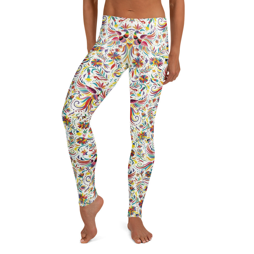 Personalisierte Damen Sportleggings Weiß Bunt Blumen Vögel Muster Fitness Yoga Leggings N404